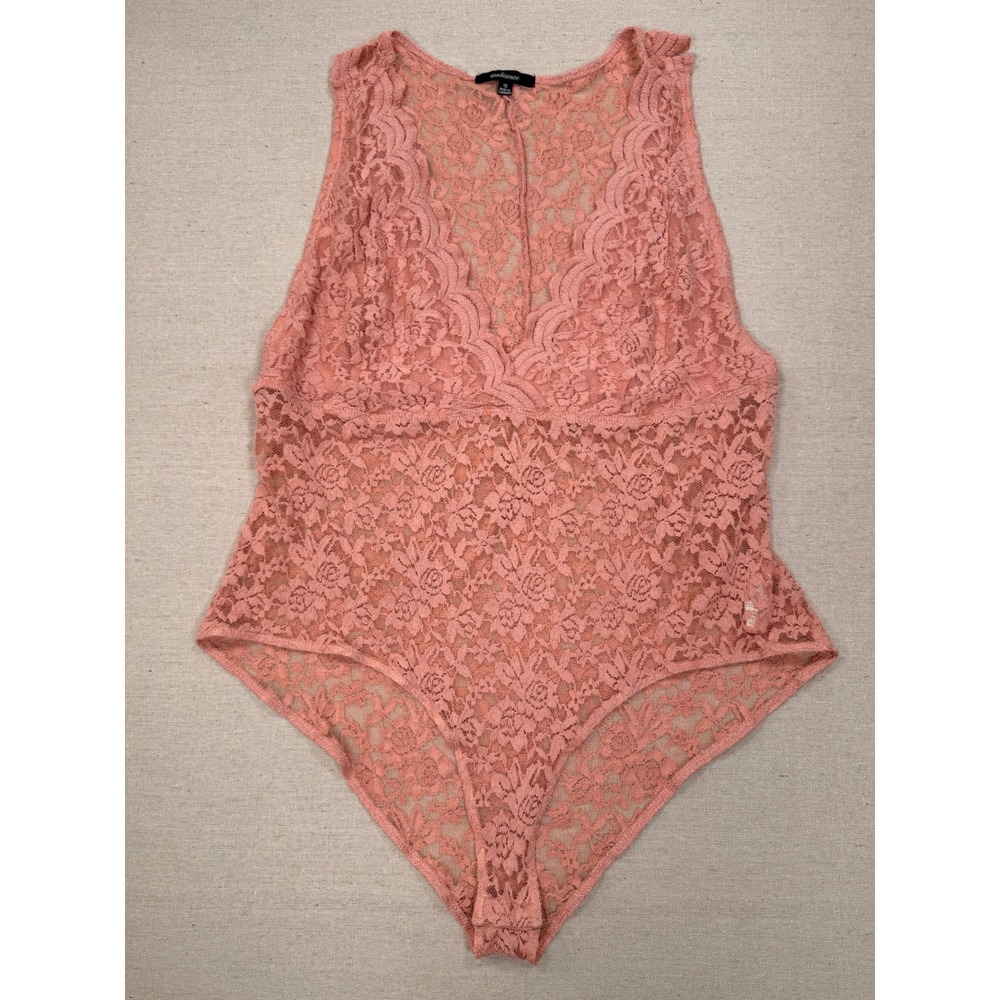 Ambiance Womens Coral Pink Floral Lace V-Neck Sleeveless Bodysuit Size 1X